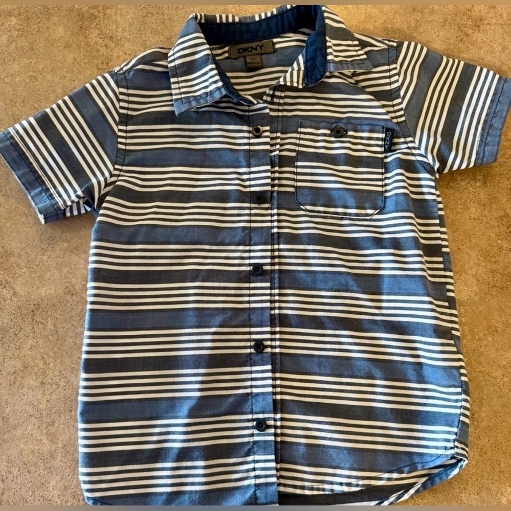 DKNY - Navy and White Striped Button Down Shirt Boys, Size 4T
